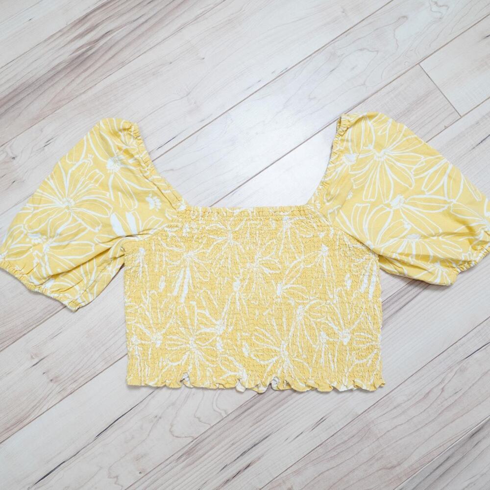 Yellow Floral Smocked Puff Sleeve Crop Top Square Neck Coquette Summer M
